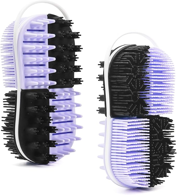 2 in 1 Silicone Body Hair Scrubber Upgraded Bristles Exfoliator Massage Shower Bathing Bath Women Brush Scrubbers for All Skin Body Wash (1pc Black+Purple)