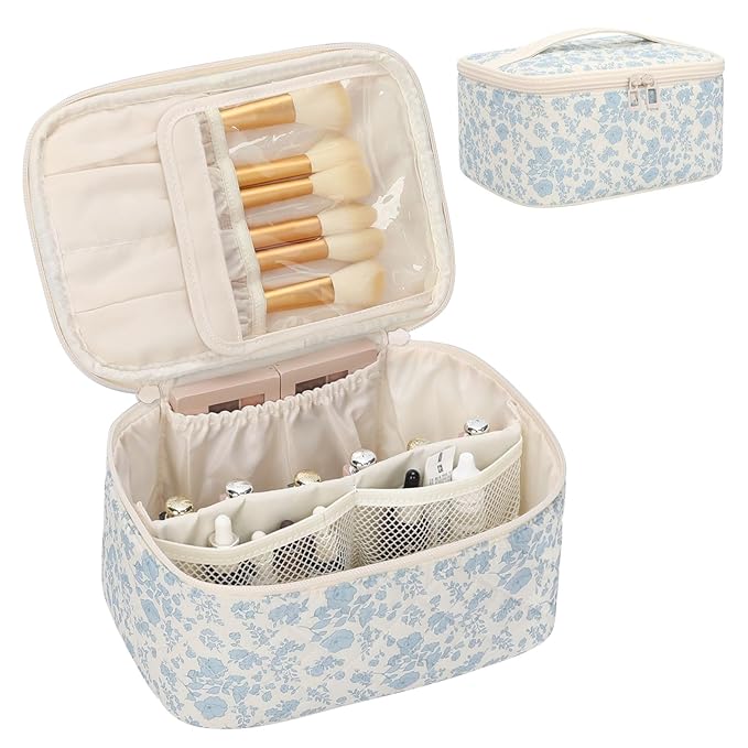 OCHEAL Makeup Bag Portable Cosmetic Bag For Women, Large Capacity Travel Makeup Case Organizer, Toiletry Bag for Girls Traveling With Handle and Divider-Flowers