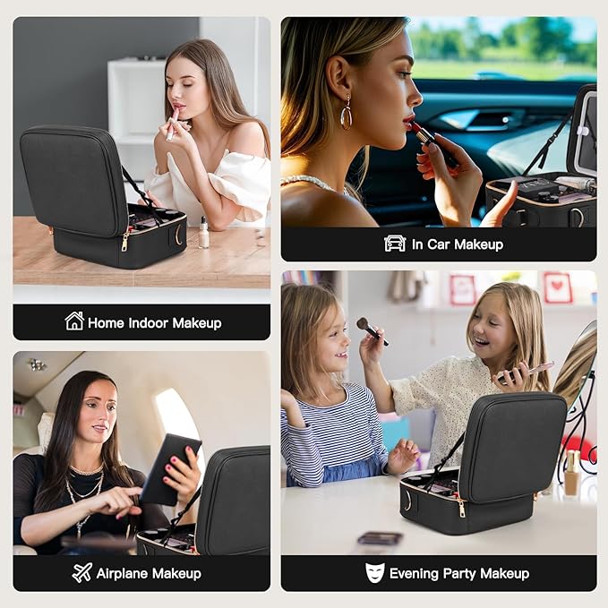 Travel Makeup Bag with LED Mirror, Cosmetic Bags for Women with Light up Mirror, Travel Essentials Makeup Organizer, Makeup Case with Adjustable Dividers and Brush Holder, 3 Color Lights