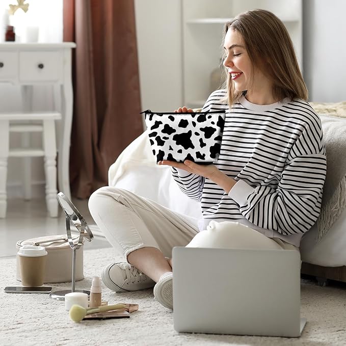 Cow Print Makeup Bag Cosmetic Bag for Women,1Pcs Large Capacity Makeup Bags and 1Pcs Pencil Case Makeup Brushes Storage Bag Travel Toiletry Bag Organizer
