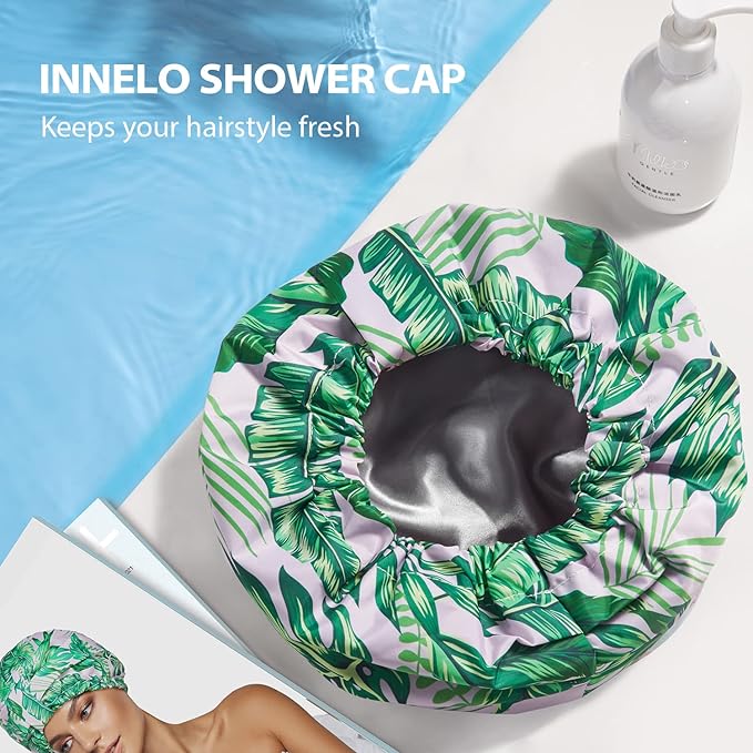 INNELO Luxury Shower Cap for Women Reusable Waterproof, Double Layered Shower Hair Cap with Adjustable Elastic Strap, Large Satin Lined Shower Bath Cap for Long Curly Straight Hair, Palm leaves