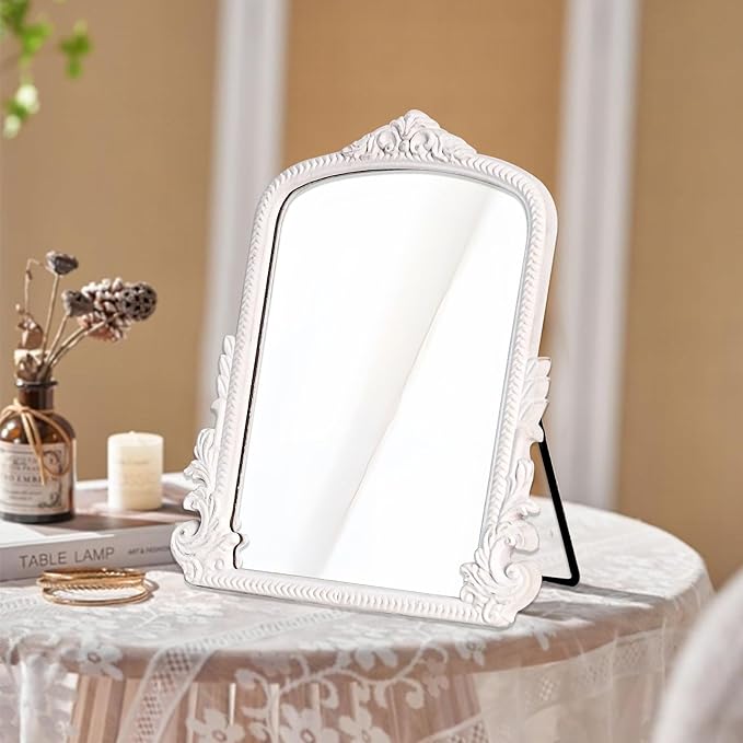 11.8" x 9.6" Small White Arched Vanity Mirror, Vintage Makeup Mirror Baroque Style Arendahl Carved Mirror with Frame for Desk Decorative Table Aesthetic for Dresser,Bedroom,Living-Room