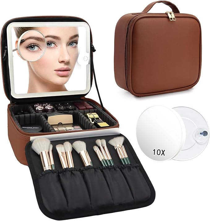 Travel Makeup Bag with LED Mirror and 10x magnifying glass with 3 Lighted Settings, Adjustable Dividers and Makeup Brush Storage Bag Dark Brown