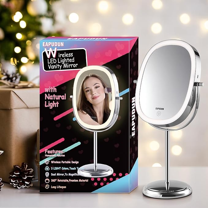 EAPUDUN Lighted Makeup Mirror 9" – 2-Sided Tabletop Vanity Mirror with 7X Magnification, 3 Color Lighting Modes, Rechargeable, 360° Rotation, 84 LED Lights