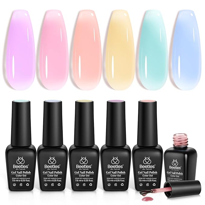 Beetles Pastel Gel Nail Polish Set, 6 Colors Jelly Gel Polish Kit Pink Blue Purple Orange Yellow Green Translucent Effect Soak Off UV Candy Sweet Collection French Nail Gift for Women