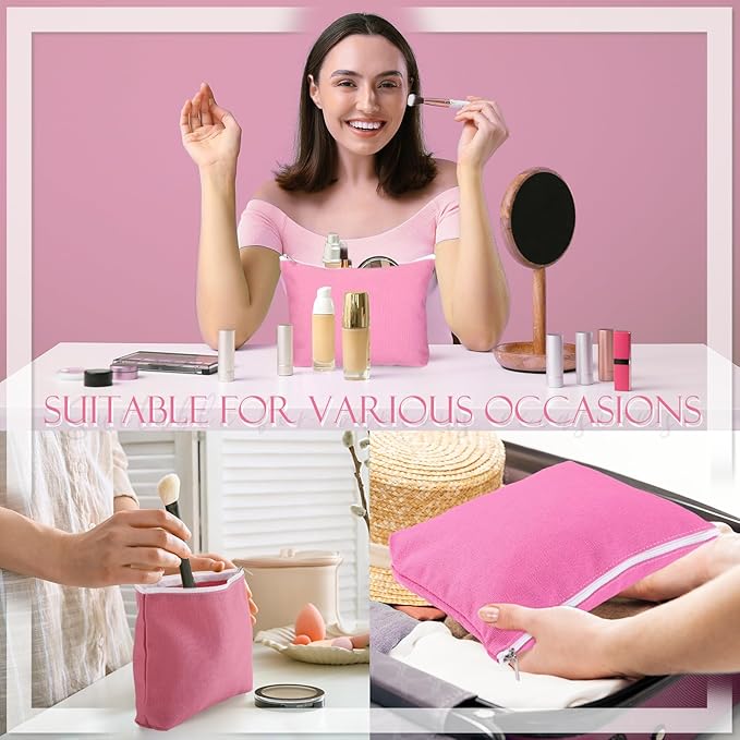 Reginary 10 Pcs Canvas Makeup Bags Bulk for Women Blank DIY Pencil Pouch Travel Toiletry Cosmetics Bags Gift for Christmas Breast Cancer Awareness Thanksgiving Wedding Nurses Teacher(Pink)