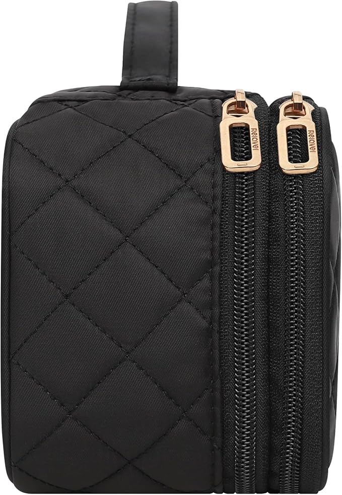 Relavel Makeup Bag, Small Makeup Bag for Women, Travel Cosmetic Bag, 2 Layers Waterproof Makeup Organizer Storage with Makeup Brush Holder, Black