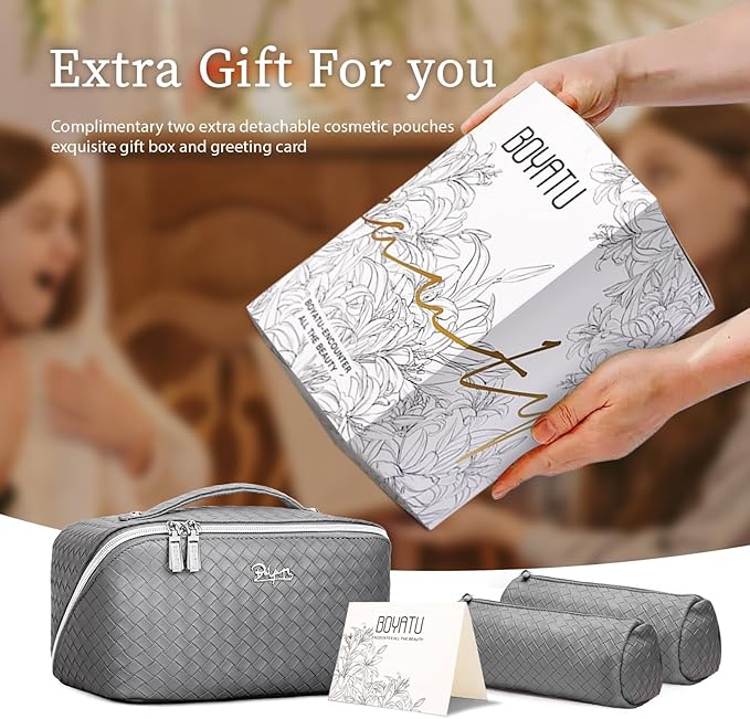 BOYATU Travel Makeup Bags for Women: 3 Piece Make up Bags Set - Large Cosmetic Bag - Vegan Leather Makeup Organizer - Portable Toiltery Bag with Divider & Handle (L05 Grey)