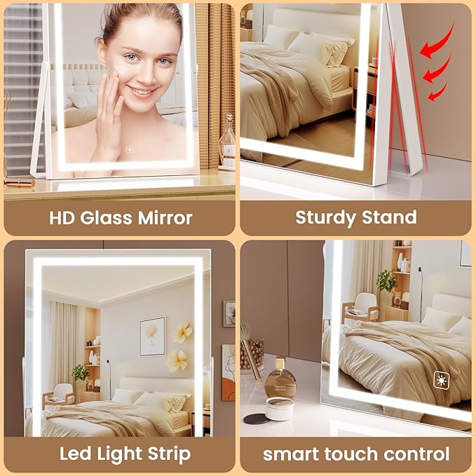 Vanity Mirror with Lights, 11"× 14" LED Makeup Mirror, Lighted Makeup Mirror with Lights, Smart Touch Control Dimmable 3 Modes Light 360°Rotation White