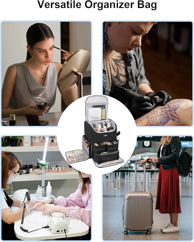 Relavel Makeup Backpack Large Makeup Bag with 3 Clear Set Bags, Dual Layer Professional Cosmetic Organizer Travel Train Case Makeup Artist Kit with Adjustable Dividers & Easy to Clean Lining, Black