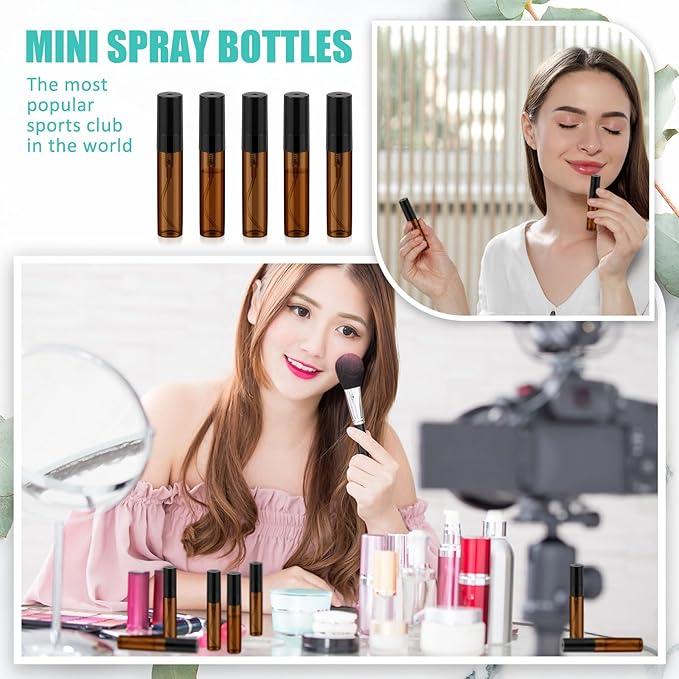 Zhehao 50 Pcs Mini Spray Bottles 5 ml Clear Glass Perfume Bottles Refillable Fine Mist Perfume Atomizer Portable Empty Sample Containers for Cleaning, Essential Oils, Travel (Amber)