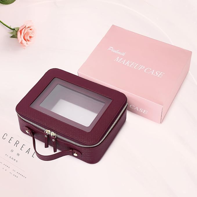 Pinkmik Clear Makeup Bag for Women Waterproof Travel Cosmetics and Toiletries Case Portable Makeup Oaganizer Bag Clear Car Bag with Zipper (X/Burgundy, M+L)