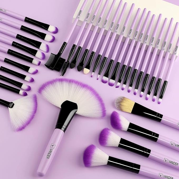 Vander Makeup Brushes, 32Pcs Professional Premium Synthetic Makeup Brush Set with Case, Eyeshadow Foundation Blending Face Contour Cosmetic Brush Travel Make up Brushes Set for Women, Girl (Purple)