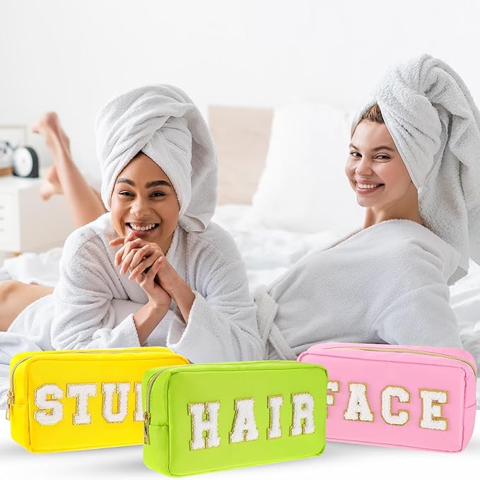 Cunno 4 Pcs Preppy Makeup Bags Chenille Letter Stuff Bag Nylon Cosmetic Pouch Cases with Zipper for Women Travel Toiletry