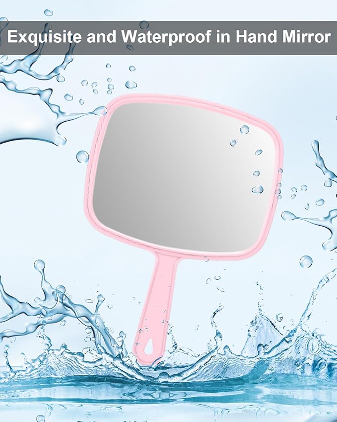 PROTECLE Large Hand Mirror, Salon Barber Hairdressing Handheld Mirror with Handle (Square Pink 10.3"x7.4")