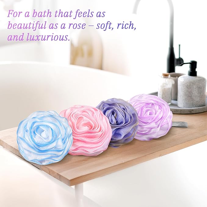 Bath Loofah, Shower Sponge, Body Scrubber, Rose-Shaped, Elegant (Set of 4 Pieces)