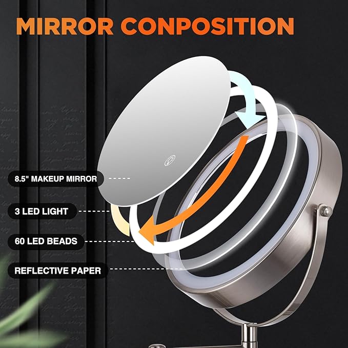 15x Wall Mounted Makeup Mirror, 8" Rechargeable Double-Sided Magnifying Mirror, 3 Color Lights for Makeup,365°Swivel for Shaving - Nickel