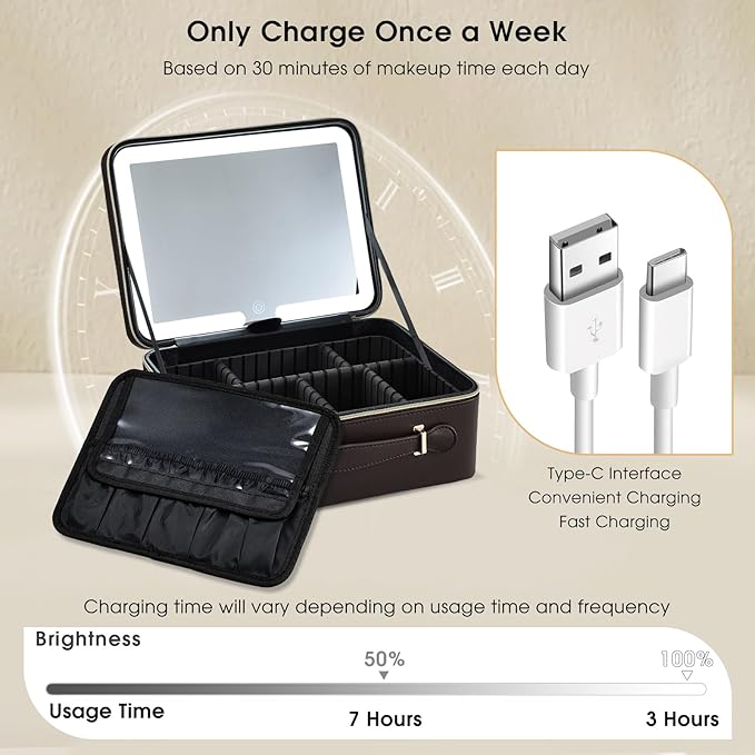 Leather Makeup Case with LED Lighted Mirror 11.4 Inch Travel Makeup Bag Adjustable Brightness in 3 Colors Cosmetic Organizer Artist Storage Bag with Dividers Brush Holder Bag Vanity Dark Brown