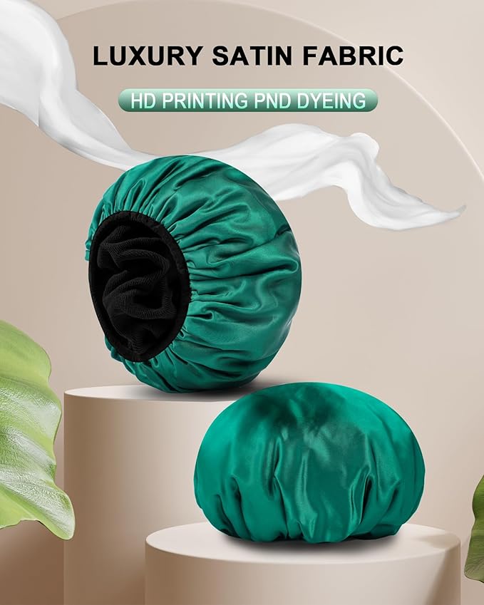 YIZIJIZI Triple Layer Reusable Waterproof Shower Cap for Women Large Terry Lined Hair Cap for Long Thick Hair Travel Bath Care Blackish Green