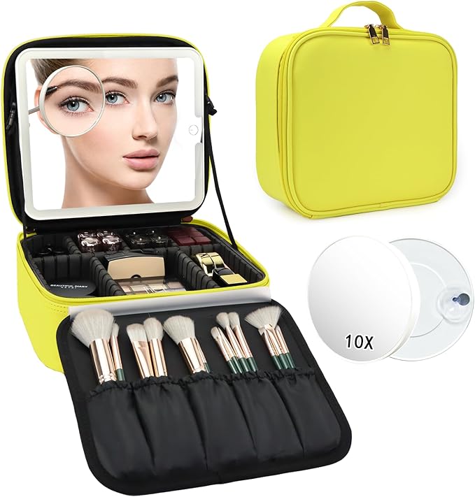 Travel Makeup Bag with LED Mirror and 10x magnifying glass with 3 Lighted Settings, Adjustable Dividers and Makeup Brush Storage Bag Yellow