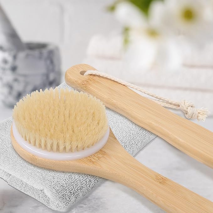 OWIIZI Back Scrubber Brush for Shower, Round Head Bristle Body Large Area Deep Cleanse Bath Brushes, Bamboo Long Handle Skin Exfoliator for Men Women Elders Wet or Dry Use