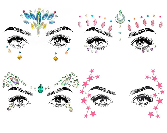 Women Mermaid Face Gems Glitter,Rhinestone Rave Face Jewels Festival,Crystals Face Stickers, Eyes Face Body Temporary Tattoos (4 Pcs No.06)