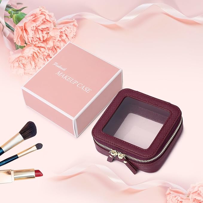 Pinkmik Small Makeup Bag Clear Mini Cosmetic Makeup Case & Toiletry Bag with Zipper Women's Purse Organizer & Car Essentials (X/Burgundy, MINI-1)