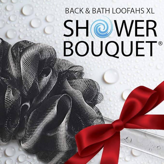 SHOWER BOUQUET Loofah-Charcoal Back-Scrubber & Bath-Sponge Set // 1 Long-Handle-Back-Brush Plus 2 Extra Large 75g Soft Mesh Loofa-Lufa-Loufa Puff Poufs, Men & Women - Exfoliate with Full Pure Cleanse