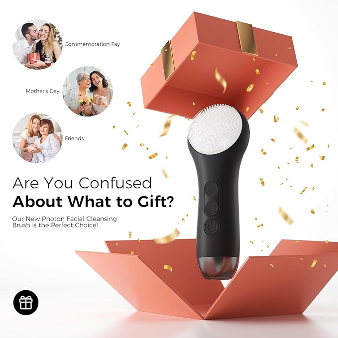 Facial Cleansing Brush Face Scrubber - Rechargeable Electric Face Cleansing Brush with 4 LED Gentle Light Liquid Silicone Modes Exfoliator,IPX7 Waterproof Ideal Gift for Men and Women-Black