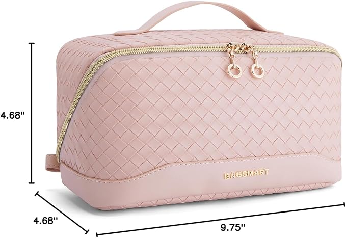 BAGSMART Makeup Bag, Travel Cosmetic Bag Organizer, PU Leather Water-Resistant Pouch, Open Flat Makeup Storage for Toiletries, Brushes, PU Leather Pink