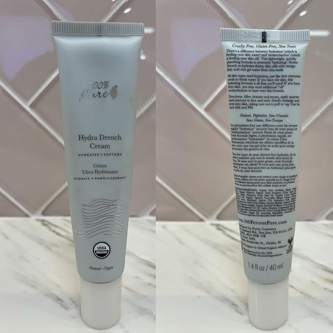 100% PURE Hydra Drench Cream, Daily Face Moisturizer with Hyaluronic Acid, Rose Water, Skin Care for All Skin Types, Natural Face Cream - 1.4 Fl Oz