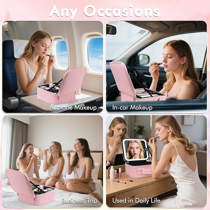 Travel Makeup Bag with Removable Mirror, Cosmetic Organizer Bag with Mirror, 360° Angle Stand, 3 Colors Dimmable Lighted Makeup Case, PU Leather Makeup Train Case with Adjustable Dividers/Brush Holder
