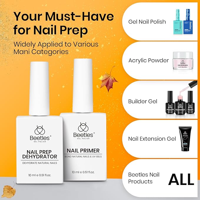 Beetles 15ml Nail Dehydrator and Primer - Acid Free & Hema-Free Natural Prep Dehydrate and Bond Primer for Acrylic Fast Dry Nail Supplies Professional Salons Halloween Set