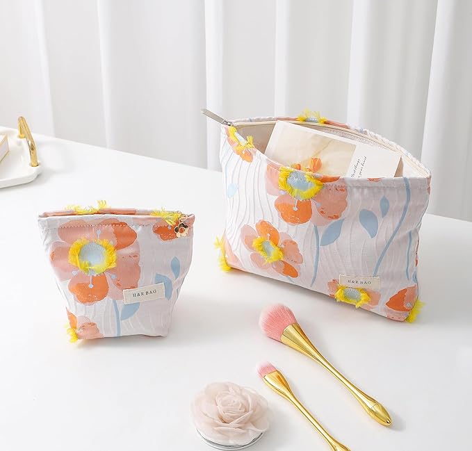 2 Pcs Makeup Bags, Large Cosmetic Bag Travel Toiletry Bag Organizer for Women, Embroidery Craft, Floral Makeup Bag Small Cosmetic Pouch Purse with Zipper Gifts for Girls Teen