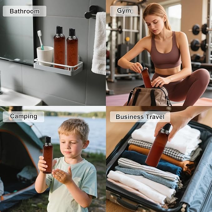 6 Pack 8 oz Amber Plastic Squeeze Bottles with Black Disc Caps Refillable Empty Travel Containers Bottles for Shampoo Conditioner Toiletries Lotions Oils BPA Free