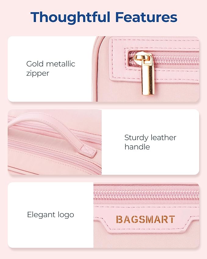 BAGSMART Travel Makeup Bag, Make Up Bag with Multiple Compartments for Organizer, Compact & Durable Cosmetic Organizer for Women for Travel Accessories (Pink