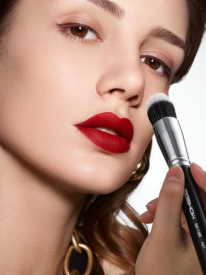 Stippling brush, EIGSHOWBEAUTY Stipple Makeup Brush Duo Fiber Wood Handle Perfect for Foundation, Blending, Powder, Highlight, Cream, Blush, Mineral Makeup (F611)