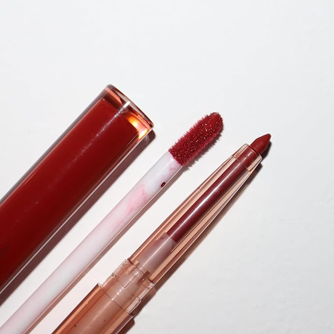 Lip Liner & Lip Glaze Set, Waterproof Smooth Lip Liner, Long Lasting Matte Lip Glaze, Velvet Lip Glow, 2 Pcs, Nude Lipstick, 5 Colors (01#Cinnamon coffee)