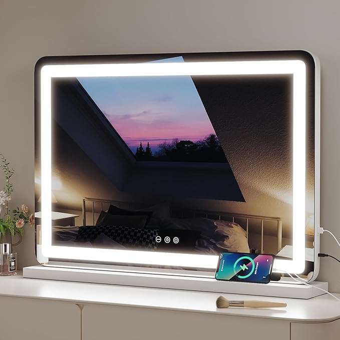 ZL ZELing Vanity Mirror with Lights, 32" x 23", LED Makeup Mirror, Dimmable 3-Color Lighting, 5X Magnification, Touch Screen Control, Wall-Mountable and Tabletop Design