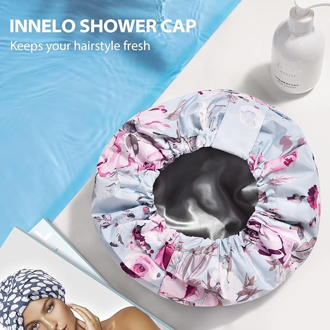 INNELO Luxury Shower Cap for Women Reusable Waterproof, Double Layered Shower Hair Cap with Adjustable Elastic Strap, Large Satin Lined Shower Bath Cap for Long Curly Straight Hair, Blue-Flower
