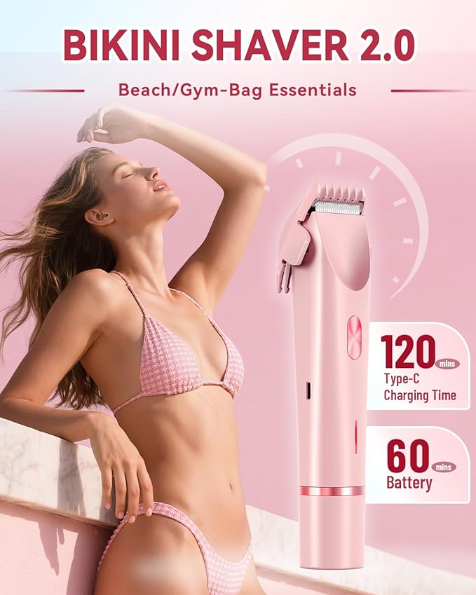 Dermawave Bikini Shaver 2.0, Electric Bikini Trimmer for Women Pubic Hair, 2 in 1 Dual Head Body Hair Electric Razor, Waterproof, Wet/Dry
