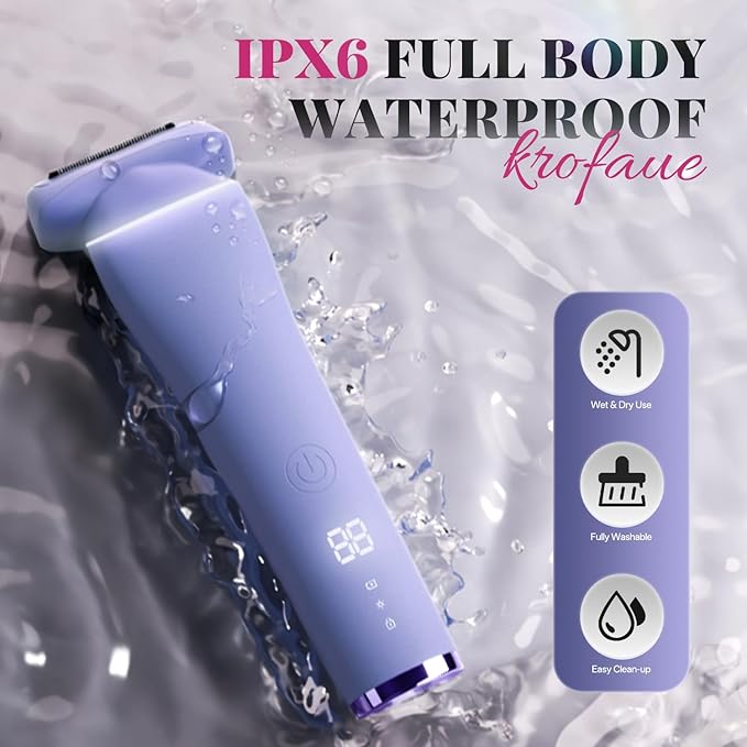 krofaue Womens Bikini Trimmer - 2-in-1 Double Blades Waterproof Womens Electric Shaver for Legs, Underarms, Bikini Line - Wet & Dry USB Rechargeable Bikini Razors for Women with LED Display