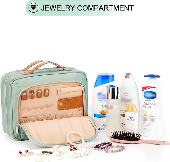 Travel Hanging Toiletry Bag for Women, Cruise Ship Essentials, with Jewelry Organizer, Extra Large Makeup Dopp Kit, Waterproof Cosmetic Bags, Toiletries Kit Set with Trolley Belt, Green