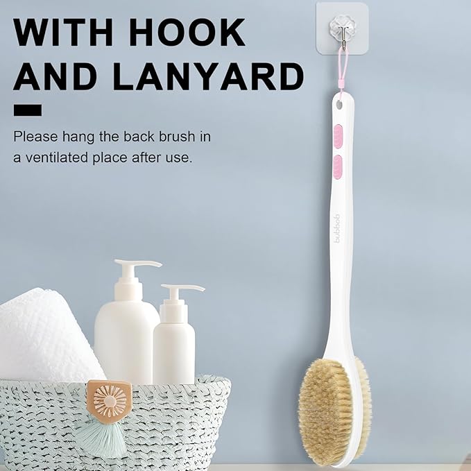 Back Scrubber, Back Scrubber for Shower, Bath Brush Long Handle for Shower with Double Sided Bristles for Wet or Dry Brushing (Pink)