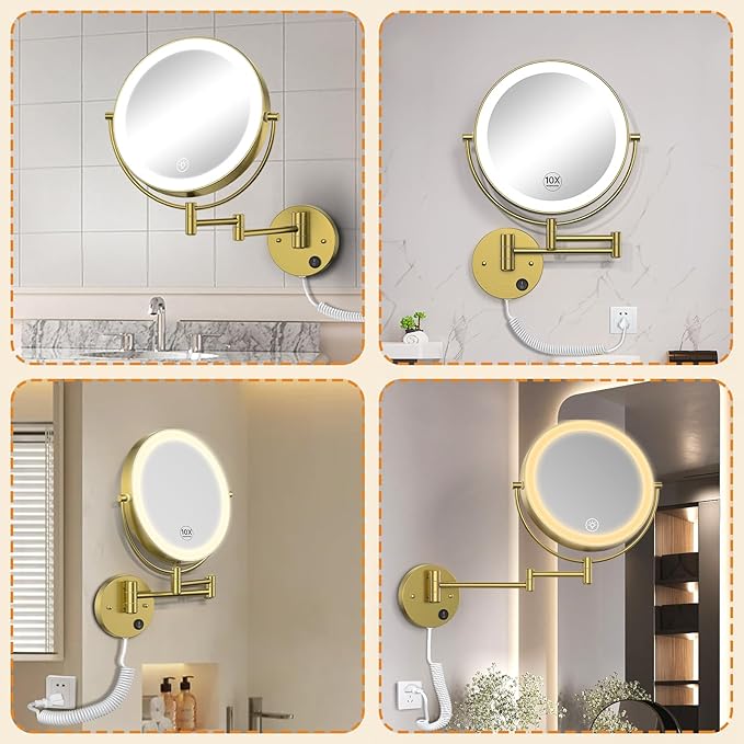 Gospire 9” Wall Mounted Lighted Magnifying Mirror, 1X/10X Magnification Double-Sided LED Bathroom Mirror, 3 Color Lights & Stepless Dimming with Touch Sensor, Extendable Arm 360° Swivel for Shaving