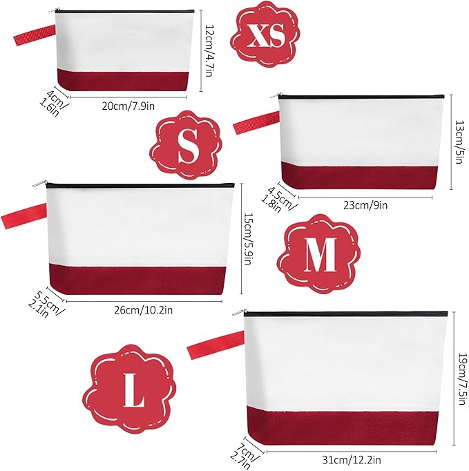 10 Pieces Cotton Canvas Makeup Bag with Bottom and Strap, Multi-Purpose Cosmetic Bag with Zipper Travel Toiletry Pouch, Blank DIY Craft Bag (White&Red, M)