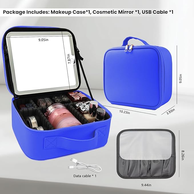 Travel Makeup Bag with LED Mirror and Light Makeup Travel Bag Organizer Portable Cosmetic Brush Organizer Bag with Adjustable Dividers for Cosmetics Makeup Brushes Toiletry (Dark Blue)