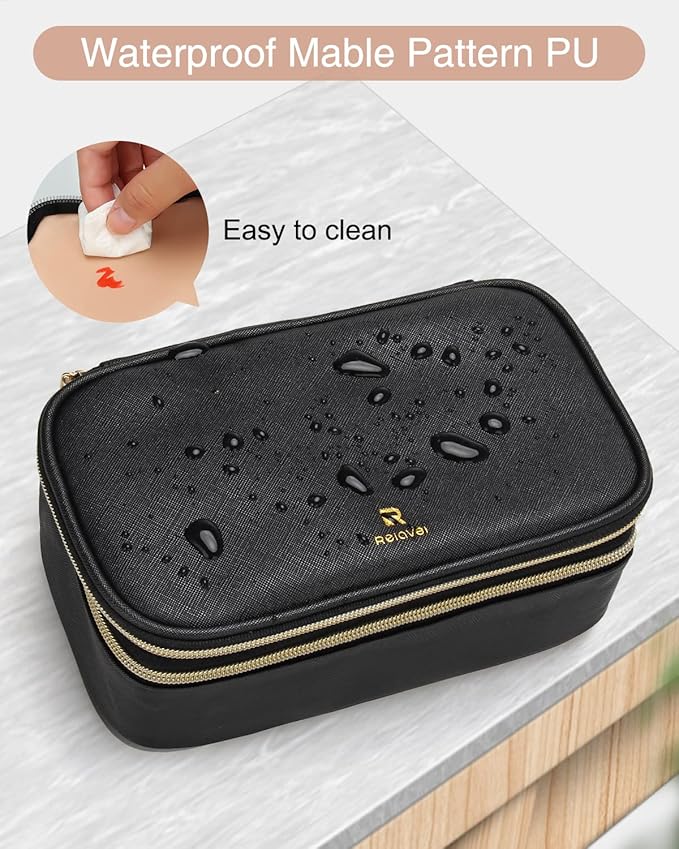 Relavel Small Makeup Bag, Makeup Brush Cosmetic Organizer, Portable 2 Layer Travel Makeup Organizer, Cosmetic Bag for Women, Handbag Purse Pouch, Compact Capacity for Daily Use (Black)