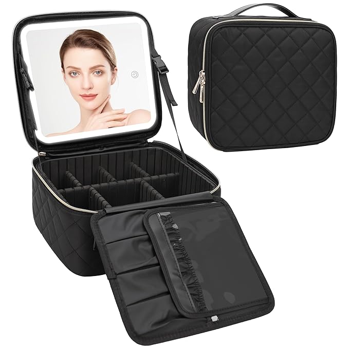 Relavel Travel Makeup Bag With Light Up Mirror, Cosmetic Train Case with LED Mirror, Professional Makeup Case for Makeup Artist, Waterproof Makeup Brush Holder Organizer Storage, Rhombus Black