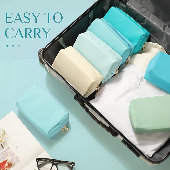 Sanwuta 9 Pcs Makeup Bags Bulk PU Double Zippers Cosmetic Bag Makeup Toiletry Pouch Portable Travel Organizers Case for Women Bachelorette Party End of The Year Bridesmaid Gift(Blue and Green Color)